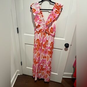 Pink orange and white print sleeveless tiered maxi dress from Madison Matthews